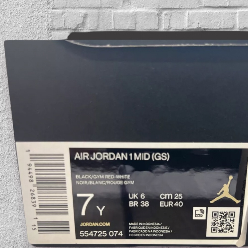 SOLD! NIKE AIR JORDAN 1 MID GS BANNED (2020) BLACK GYM RED-WHITE SZ 7Y/MENS SZ 7 - Picture 9 of 12